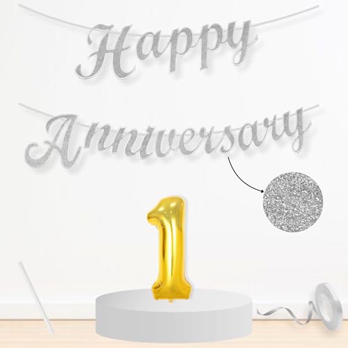 Image of Flyloons 1st Happy Anniversary Banner Silver Decorations Kit for Men Women Wedding Anniversary Banner Items without Balloons