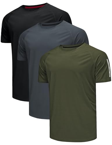 Djtnzdm 3 Pack Camiseta Deportiva Hombre Transpirable Poliester Tecnicas Trekking Camisetas Manga Corta Entrenamiento Gym Correr Homre Secado Rapido (M Negro Verde Gris Oscuro)