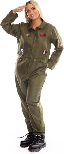 Ladies VE Day Pilot Aviator Costume - Medium - Green Jumpsuit with Military Patches - Womens Pilot TV Film Fancy Dress Costume