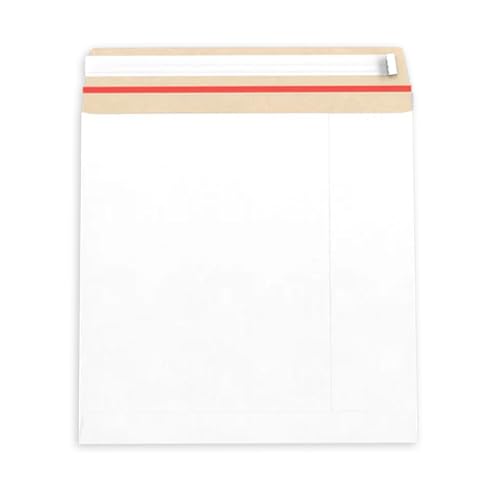 Image of Lempac White All Board Envelopes with Red Rip Strip 100 Pack - Strong 350gsm Rigid Mailers for Secure Document Protection, Business Postal Mailing Solution for Important Papers & Items - 260mm x 260mm