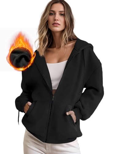 IWOLLENCE Sweatjacke Damen Zipper Hoodie Fleecejacke Schwarz L