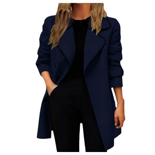 L9WEI Trench Coat Femmes Casual Revers Manteau Automne Hiver Manches Longues Veste Femmes Couleur Unie Élégant Outwear Mode Chaud Laine Manteau Doux Hiver, Marine, XL