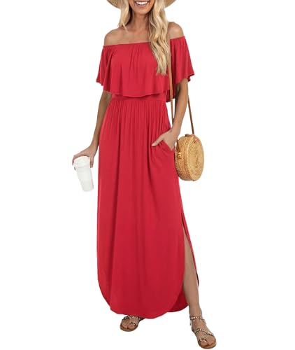Image of LILBETTER Womens Off The Shoulder Ruffle Party Dresses Side Split Beach Maxi Dress
