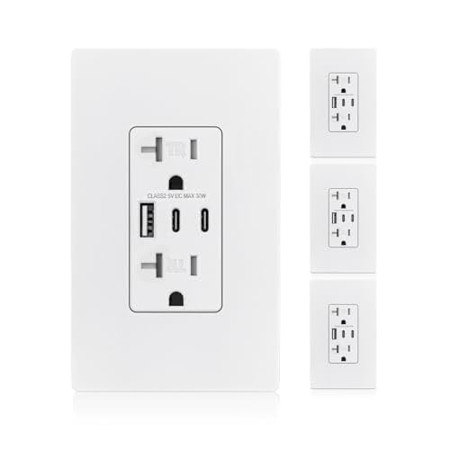 MOES USB Outlet, 3 USB Ports Receptacles(30W 6Amp), 2 Type C & 1 USB A Port, 20 Amp TR Tamper-Resistant Wall Outlets, Screwless Wall Plate Included, Charger Outlets, ETL Listed, White 4 Pack