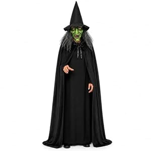 Joyincoser Gruselige Hexenkostüme für Damen mit Hexenumhang Horrormaske alte Hexe mit grünem Gesicht und Hexenhut für Halloween Karneval Cosplay Party und Streiche