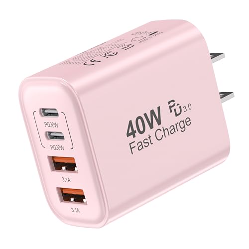 TT&C USB C Block 40W, 4 Ports Wall Plug Fast Charging Block, PD+QC Multiport Power Adapter USB C Charger Type C for iPhone 17, 17 Air, 17 Pro, 17 Pro Max, 16,15,14,13,12, Galaxy Phones (Pink 1Pack)