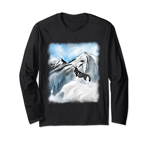 Mountains Siberian Husky Dog Long Sleeve T-Shirt, Black