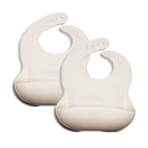 SMPL Set of 2 Premium Adjustable Baby-to-Toddler Silicone Bibs with Buttons Catch-All Pocket - Milky White