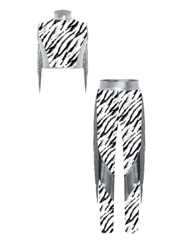 YEAHDOR Girls Hip Hop Jazz Dance Outfits Zebra Print Metallic Crop Tops and Skinny Leggings Athletic Outfits Silver 14 Years3