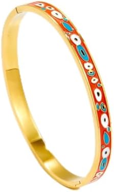 Altın Renkli Çelik Nazar Boncuklu Kelepçe Bilezik – Renkli Emaye Desenli Şık Kadın Takı 6,5x 5,5 Kalınlık 0,5cm
