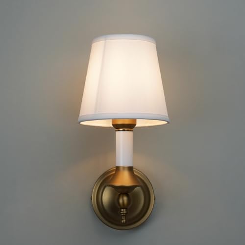 Image of Phansthy Hardwired Wall Sconces Set of 2, Modern Bathroom Vanity Sconces Wall Lighting with Fabric Shade Antique Gold Wall Lamps (White Shade, Hardwired (2 Pack))