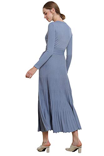 Image of Women's Long Knit Crewneck Sweater Dress Tie Waist A-Line Swing Pleated Bodycon