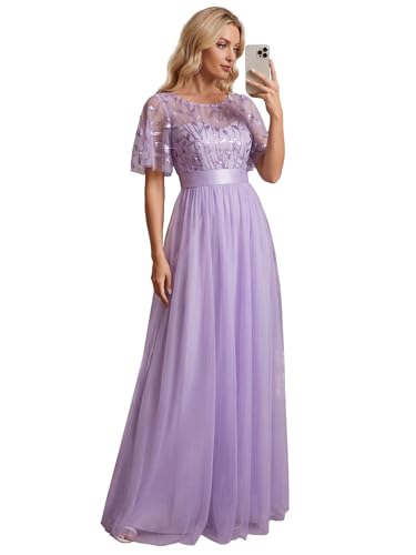 Image of Ever-Pretty Sequin Formal Prom Dresses for Women Ruffle Sleeves Empire Waist A-Line Long Mother of Bride Dress 00904