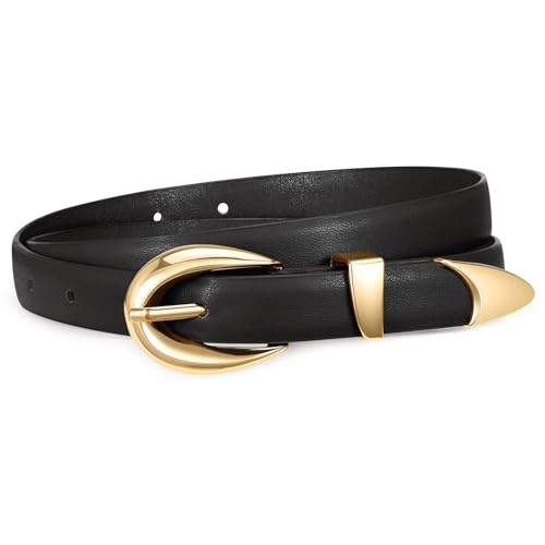 SUOSDEY Womens Skinny Leather Belt for Jeans Dresses Pants,Ladies Thin Waist Gold Silver Buckle Belt 0.8