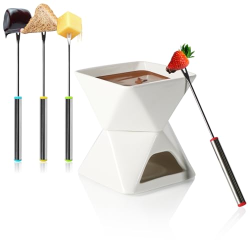 COM-FOUR® service à fondue au chocolat - fondoir pour chocolat et fromage - bol en céramique avec photophore et 4 fourchettes - fondoir - bol à dessert pour 4 personnes - fondoir (blanc - carré)