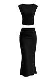 PRETTYGARDEN Skirt Sets Women 2 Piece Outfits Summer Outfits 2025 Going Out Crop Tops Long Maxi Skirts Beach Vacation Clothes(Black,Medium)
