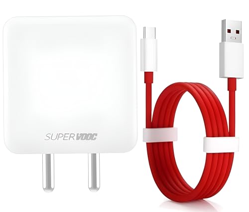 Image of Zybux 65W Supervooc USB Type C Charger Adapter with Red Cable Compatible with OnePlus 12R /11R /10 Pro /10T /10R /10 /9 Pro /9RT /8 Pro /8 /7 /6 /5 /Nord Ce 4 /Ce 3 /Ce 2 /Ce 2 Lite /Ce 3 Lite /Nord 4 /3 /2 /2T, White