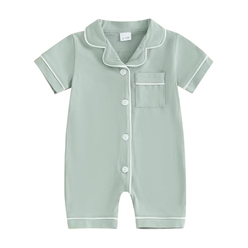 BULINGNA Infant Baby Girl Boy Summer One Piece Pajamas Jumpsuit Short Sleeve Button Down Cotton Pjs Sleepwear Onesie (Green, 6-12 Months)