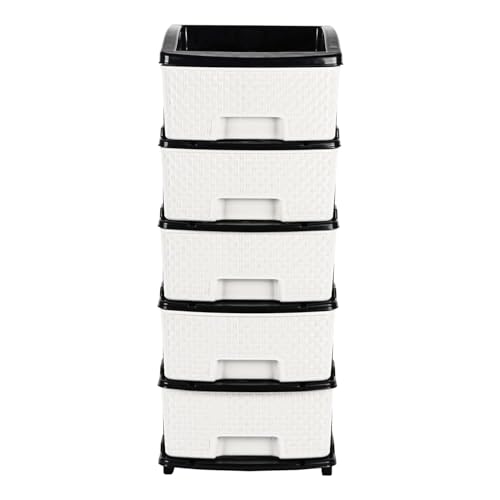 Image of KITCHIVO Plastic Modular Drawer Storage Chest Of Drawers Organizer Storage Box, Large Stomo Racks For Multipurpose Anti-slip Shoes Organizers (White & Black, 5 Layer)