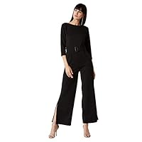 Miss Chase Women’s Black Round Neck 3/4th Sleeves Solid Belted Wide-Leg Side Slit Jumpsuit