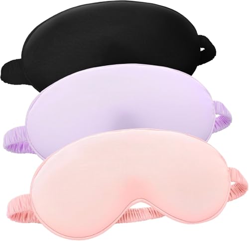 Silk Satin Travel Blackout Eye Mask with Elasticated Strap, 3 Pcs Silk Sleep Mask Eyes Masks, Sleeping Satin Blackout Eye Mask for Night Sleep and Travel