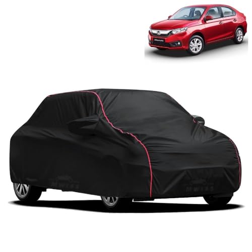 Image of Waterproof Car Cover for Honda Amaze | All-Weather Protection, Dustproof & UV Resistant | Triple Stitched Mirror Pockets, Windproof Buckle Strap with Elastic Hem, Black-Red Piping