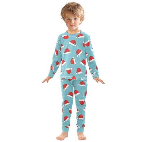 Pajama Sets Long Sleeve Christmas Santa Hats on Blue Soft Comfy Sleepwear 2 Piece PJS 3-8T2
