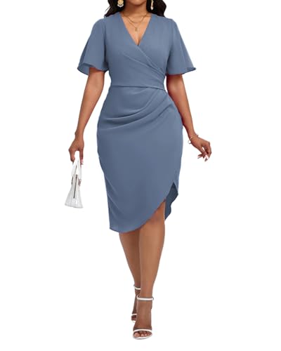 Image of Women's Wrap V Neck Asymmetrical Hem Midi Ruched Cocktail Evening Dress | Back Zipper, Regular Fit, Club Night, Semi Office Formal, Wedding Dinner Date, Flutter Short Sleeve