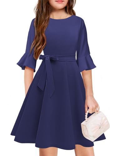 WIFFGO Girls Fall Winter Dresses Formal Fashion Belt Fit Knee High Modest Big Kids Midi Teen Dresses Outfits Navy