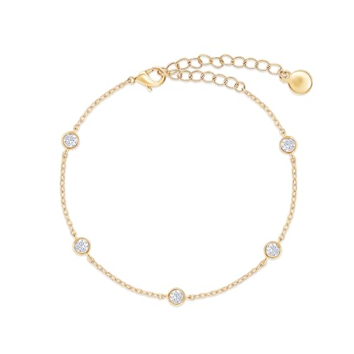 18K Gold Plated Five Stone Station Link Bracelet for Women| 3MM Moissanite Classic Tennis Bracelet | Bezel-Set 6