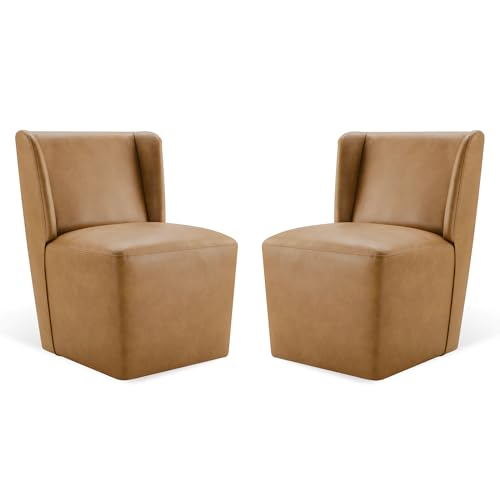 Image of KISLOT Upholstered Dining Chairs Set of 2 with Casters, Wingback Modern Side Armless Deskchair with Rollers for Diningroom Bedroom Livingroom Reading Room, Brown Faux Leather