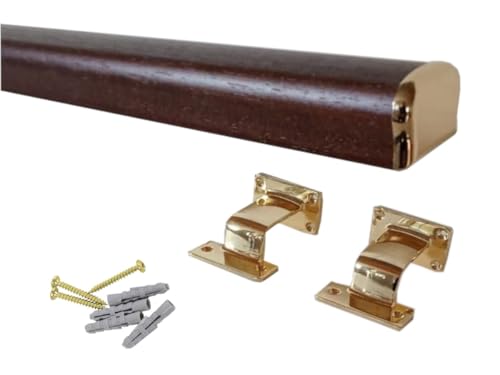 Corrimano per scale in legno sagomato, colore noce scuro, Kit compreso di supporto e terminale ottonato, varie misure (Noce scuro 2mt)
