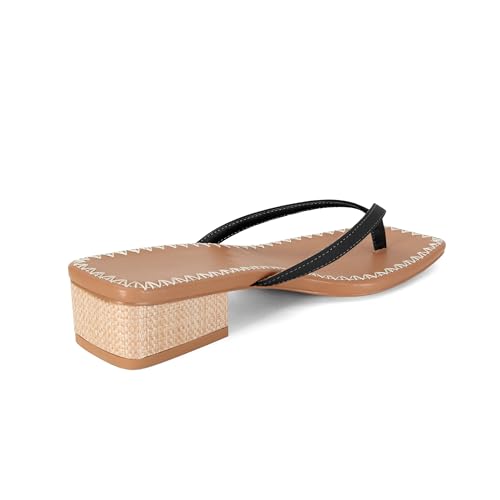 Image of DOEYG Raffia Heels Sandals Summer Beach Flip Flops Heels Square Open Toe Heeled Sandals Dressy Comfortable Slip on Thong Sandal