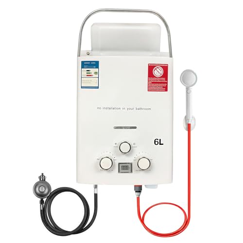 Calentador de Agua de Gas Butano Propano 6L 12KW, Calentador de Agua sin Tanque Portatil, Para Butano (28-30mbar)/ Propano (37-50mbar), para el Viaje, RV, Campamento,Exteriores,Duchas (Blanco)