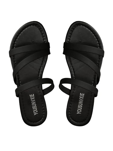 GORGLITTER Women's Leather Strappy Sandals Slippers Dressy Open Toe Slip on Vacation Summer Beach Flat Sandals