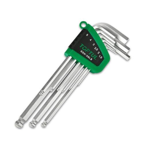 Image of Toptul Allenkey Set Long Ball Point Hex Key Set with Long Reach and Ball End for Easy Access to Tight Spaces Chrome Vanadium Steel, Automotive, and Repair - 9-Piece