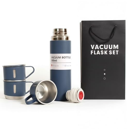 Blue Vacuum Flask Gift Set, Stainless Steel Insulated Water Bottle w/ 3 Cups, Hot & Cold Drinks Coffee Thermo Water Bottle, Reusable Thermal Cup for Outdoor Camping Travel, Termos para Agua Fria, 17oz
