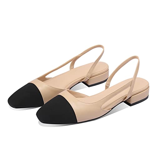 Adrizzlein Womens Slingback Heeled Pumps Closed Round Toe Block Heels Two Toned Casual Chunky Heels Office Shoes Nude Flat Size 62