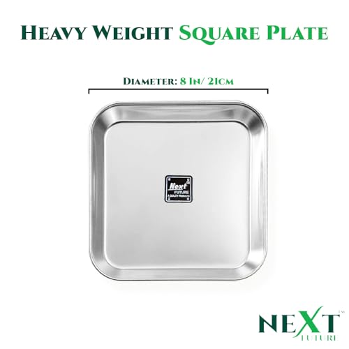 Image of Next Future Stainless Steel Breakfast /Lunch /Dinner Plate Set of 6 with High Shiny Polish (Heavy Gauge) Medium Size Square Plates - Diameter: 8 Inches / 21 cms