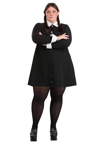 Plus Size Wednesday Addams Costume for Women - 1960s Style Black Dress & White Collar for Halloween - Officially Licensed 3X