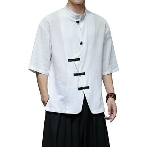 Chemise en coton et lin col montant pour homme alliant élégance rétro et confort