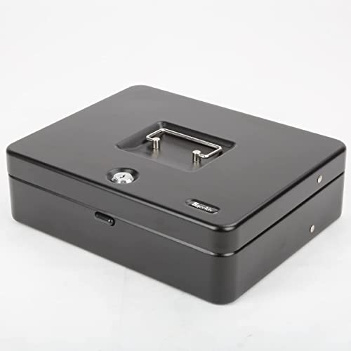 Sgorlds Cash Box Key Lock On Top, 11.8L X 9.5W X 3.5H Inches, Black Metal Money Box With Tray & Key Lock,Tiered Locking Cash Boxes,Durable Lock Safe Box With Key,4 Bill / 5 Coin Slots,Large #TOP7