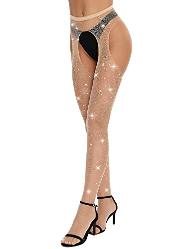 Image of RSLOVE Fishnet Stockings Rhinestone High Waist Tights Pantyhose Women's Sexy Sparkle Stockings