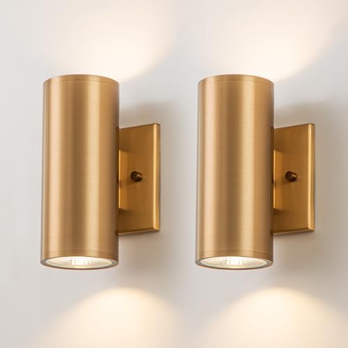 Image of Modern Outdoor Wall Light 2 Packs Up and Down Lights, 7 inch Gold Exterior Light Fixture for House Porch Patio Garage