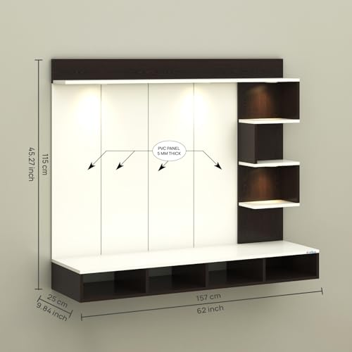 Image of Anikaa Kasey Engineered Wood Wall-Mount TV Unit with PVC Back Panel & LED Lights | TV Cabinet with Storage Box & Decorative Shelves (Wenge /White) Ideal for TVs up to 55 Inch | DIY Installation
