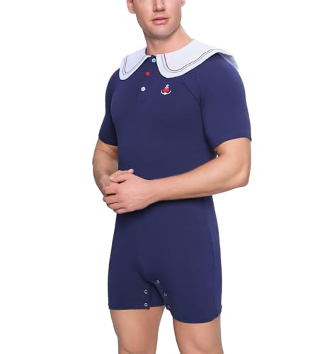 Men’s Cotton Onesie Sailor Collar Bodysuit Short Sleeve Print Romper Pajama - Captain4