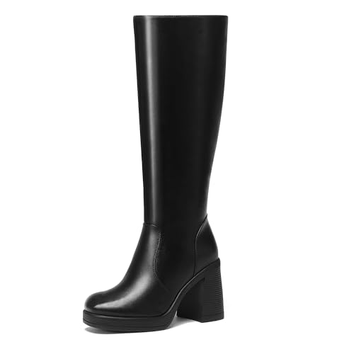 Knee High Boots Women Chunky Heeled Square Toe Boot Platform Tall Long Boots Side Zipper Gogo Boots