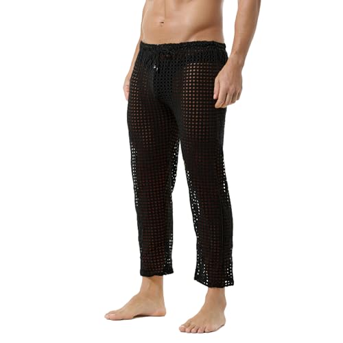 DTODWW Mens Mesh Pants Fishnet Long Pants See Through Pajamas Bottoms Drawstring Pajamas Bottoms Swimming Wear2