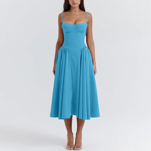 Womens Corset Dress Boho Summer Spaghetti Straps Midi Dress Low Cut Flowy Pleated Bustier Sundress3