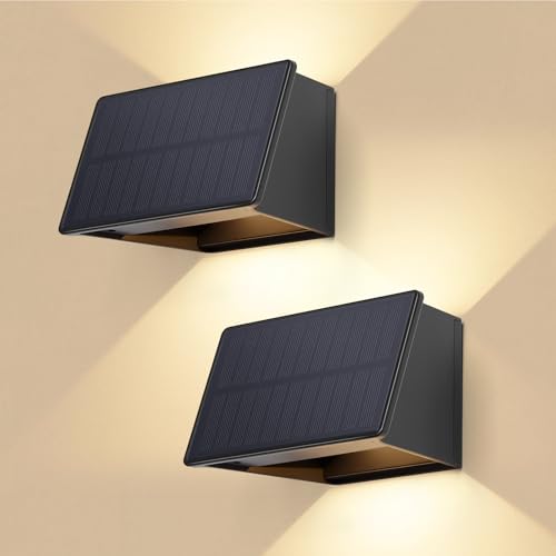 shirylzee Solarlampen für Außen, Solar Wandleuchte Aussen 3000K Warmweiß, 1800mAh, IP65 Wasserdichte, Solarleuchten Auf und ab Einstellbar Lichtstrahl für Garten Balkon Terrasse Treppen 2 Stück